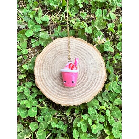 Kawaii Strawberry Yogurt Charm Necklace Handmade Polymer Clay Charm - Picture 1 of 3